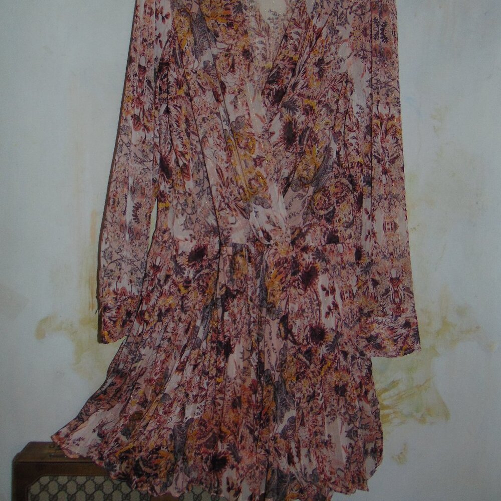 BCBG Pleated Floral Mini Dress Taupe Gold Thread Surplice Plunging Neck Womens L